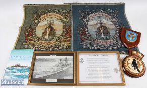 HMS Hood Plaster Plaque & HMS Hood book 2009 by Andrew Norman plus a Bismarck plaque-slight damage