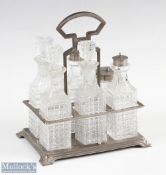 6x Piece Cruet Set containing mustard pot, salt, pepper and 3 oil bottles all in an unmarked metal
