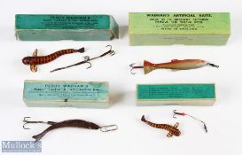 Four Percy Wadham Boxed Lures inc Brown trout, Stone Loach and red / silver Dace, all in makers