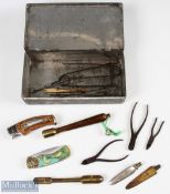 Tin of Fishing Tools + Accessories, to include a selection of disgorging tools - one made of bone,