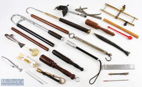 Collection of fishing equipment - Hardys Alnwick brass scales 50lb, 3 turned wood priests, 2 alloy