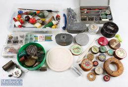 A large collection of fishing tackle, floats, weights and swivels - 2 belt mounted bait tins, one by