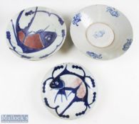 3x Chinese Export Pottery decorated with Fish Crab Ko Carp, to include a Ko Carp bowl 21cm diameter,