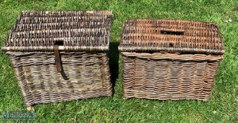 2 x Wicker Footed Fishing Creels, both with 4 wooden feet and shoulder strap, in fair used
