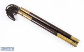 Interesting folding wood and brass gaff features a single drawer gaff, with interesting pivoting