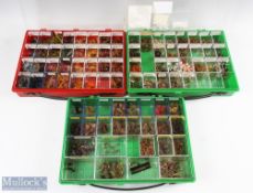 A 32 compartment clearview fly container with over 300 salmon double and single flies, Blue