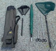 Fishrite holdall with shoulder strap containing 2x apron point rod rests, an umbrella, an unnamed