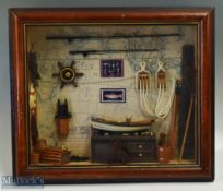 Fishing Diorama Wall Display, framed under glass #32cm x 37cm, slight wear to wooden frame