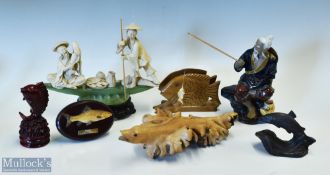 Fishing Decorative Ornaments, to include 2 Oriental fishing scenes made of resin, wooden fish 1