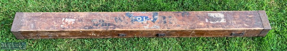 Period Wooden Rod Travel case with metal strapping to ends, with the remains of Voyage paper