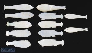 Period Chinese Mother of Pearl Fishing Gaming Counters, 12 mixed design counters with some signs