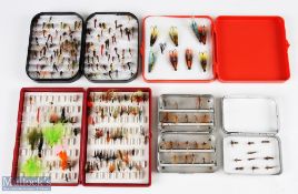 Collection of Fly Boxes with flies; consisting of rare Wheatley slim alloy pocket Kilroy tin, 3 ½