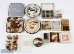 A collection of flies comprising - Hardy Bros alloy small dry fly tin with 6 spring loaded windows
