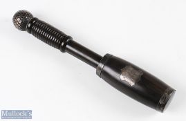 Wood and metal fishing priest with white metal plaque and collars, engraved 'A.M.S.M. from F.N.S.'