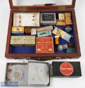 A wooden case with Perspex lid containing - Allcocks dry flies on line in original box. Holway oiler