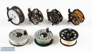 A collection of reels and spools comprising three skeleton reels the featherlight/St Joe by South