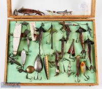Interesting collection of over 20 lures in a wall handing display case 12 ½