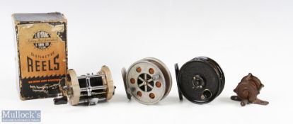 JW Young Gildex multiplying reel with twin handle, hinged foot, c/w maker's box, plus a JW Young