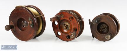 J Bernard & Sons London, brass star back wood centre pin reel, 4 ½