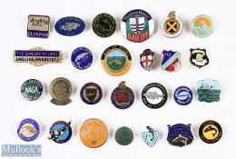 A Selection of Fishing Enamel + Metal Club association badges, with noted badges of angling times