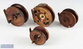 Collection of 4x wood centre pin reels, comprising: Wilkes Sprey Brand England, 3 ½
