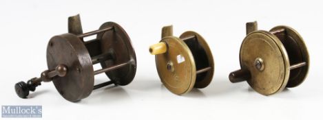 A collection of 3x brass reels comprising: C Farlow & Co London, plate wind 2 ½