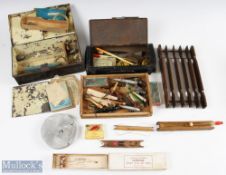 A Selection of Vintage Fishing Tackle and Accessories, to include japanned tackle boxes, weights,