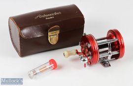ABU Ambassadeur 6000 multiplier reel in red c1960s numbered to foot 100400, 4 screw end plate, small