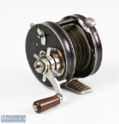 Hardy Bros 'H.J.S' Jock Scott multiplier reel with ribbed alloy foot, enamel finish, ebonite handle,