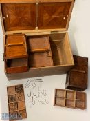 Fitted wooden, dove jointed Fishing Tackle Box with two sections in lid and 4 lift out sections with