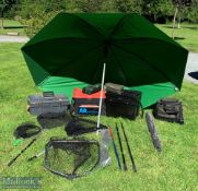 Selection of Landing Net handles, bags, seat boxes etc features 2x umbrellas, small Leeda bag, a