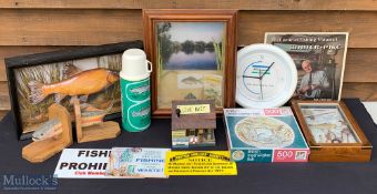 Decorative Fishing Related Collectables, to include 3 reproduction fishing signs, Shakespeare quartz