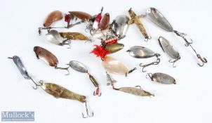 Collection of various fishing lures (22) to include pearl spoons, scaled and half scaled spoons,