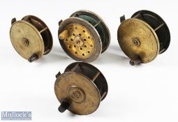 4x brass reels, comprising: Carters & Co, London, solid brass centre pin reel, 4
