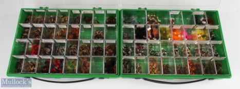 A plastic display case with 32 compartments with trout dry flies, made up of March brown invicta /