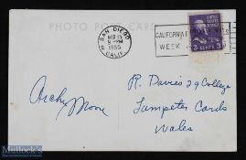 SPORT - BOXING - ARCHIE MOORE - postcard sized bw photograph signed to rear with address in Moore'