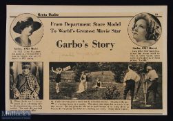 HOLLYWOOD - GRETA GARBO signature on the page from a magazine article about her. The signature is