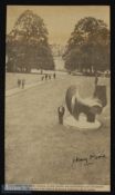 ART - HENRY MOORE - signature in ink on a press photograph showing him standing beside one of his