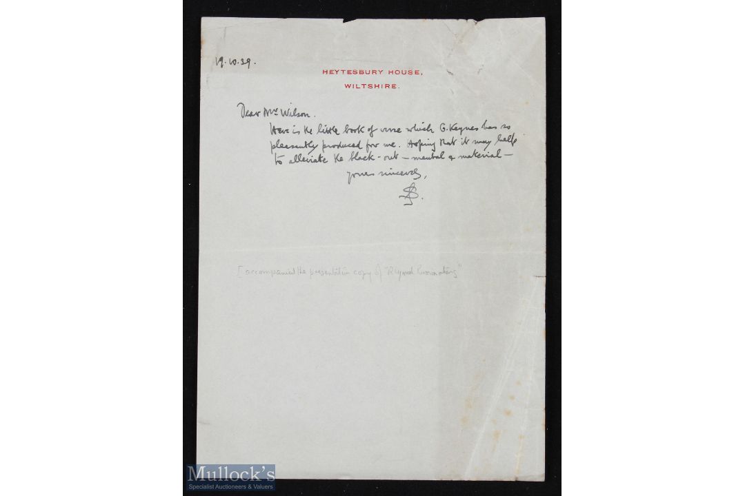 SASSOON (SIEGFRIED) poet. Brief autograph letter signed with his entwined SS initials. Dated October