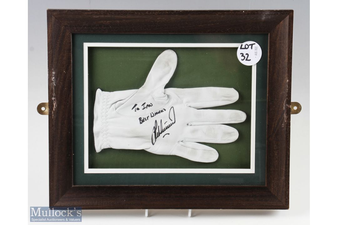 Signed Golf Glove signed Lee Westwood with dedication to Ian, framed and mounted under glass #36cm x