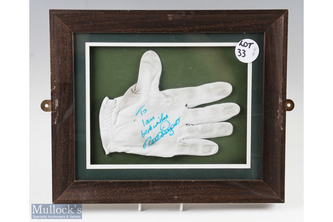 Signed Golf Glove signed Bernhard Langer, a used glove with dedication to Ian, framed and mounted