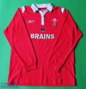 Wales Home Rugby Union Shirt made by Reebok, sponsored by Brains, Long Sleeve, Size M