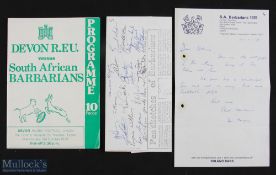 Scarce 1979 Devon v SA Barbarians Rugby Programme & Autographs etc (3): 4pp green issue for the