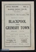 1946/47 Blackpool v Grimsby Town Div. 1 match programme 16 November 1946, 4 pager, slight crease,