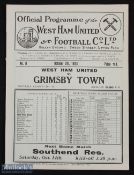 Pre-war 1933/1934 West Ham Utd v Grimsby Town (champions) Div. 2 match programme 7 October 1933 at