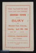 War time Grimsby Town v Bury war league north 20 April 1946, 4 pager; score on front, o/wise fair