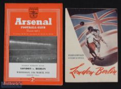 1953 Berlin v London Friendly Football programme, plus 1953 London v Berlin at Arsenal (2)