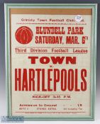 Grimsby Town football match poster Hartlepools Utd 6 March 1954 at Blundell Park, kick-off 3.15pm,