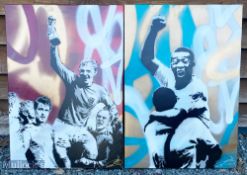 Pair of Football Stencil Spray Art Pele Bobby Moore 1966 World Cup canvas on wooden frame