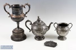 1897 1954, a Collection of Football & Sports Trophies, ashtray and teapot, all are base metal, to